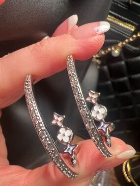 Silver Crystal Hoop Earrings with Floral Accents